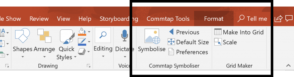 PowerPoint ribbon showing the Commtap Symboliser buttons